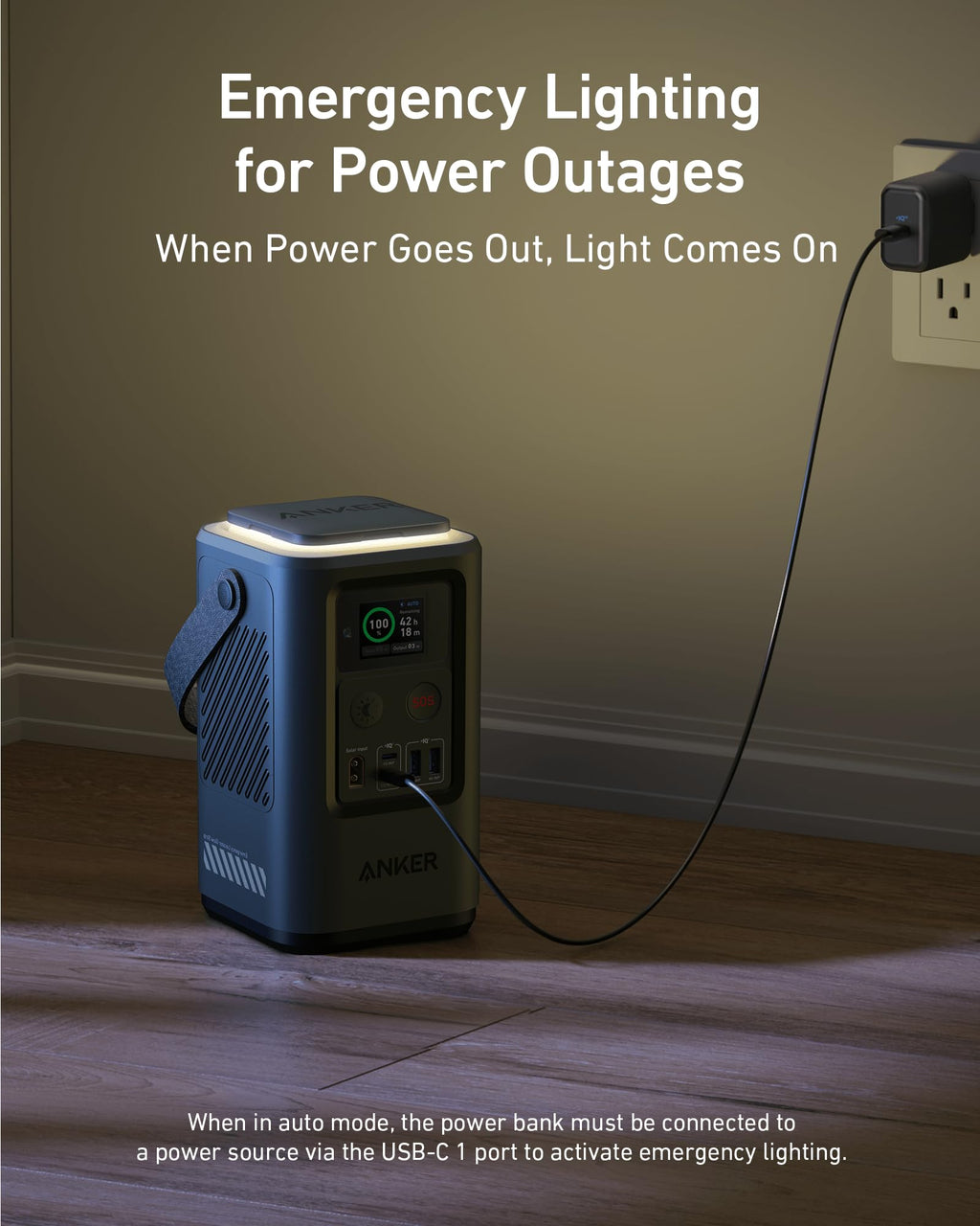 Anker power station with emergency lighting for outages