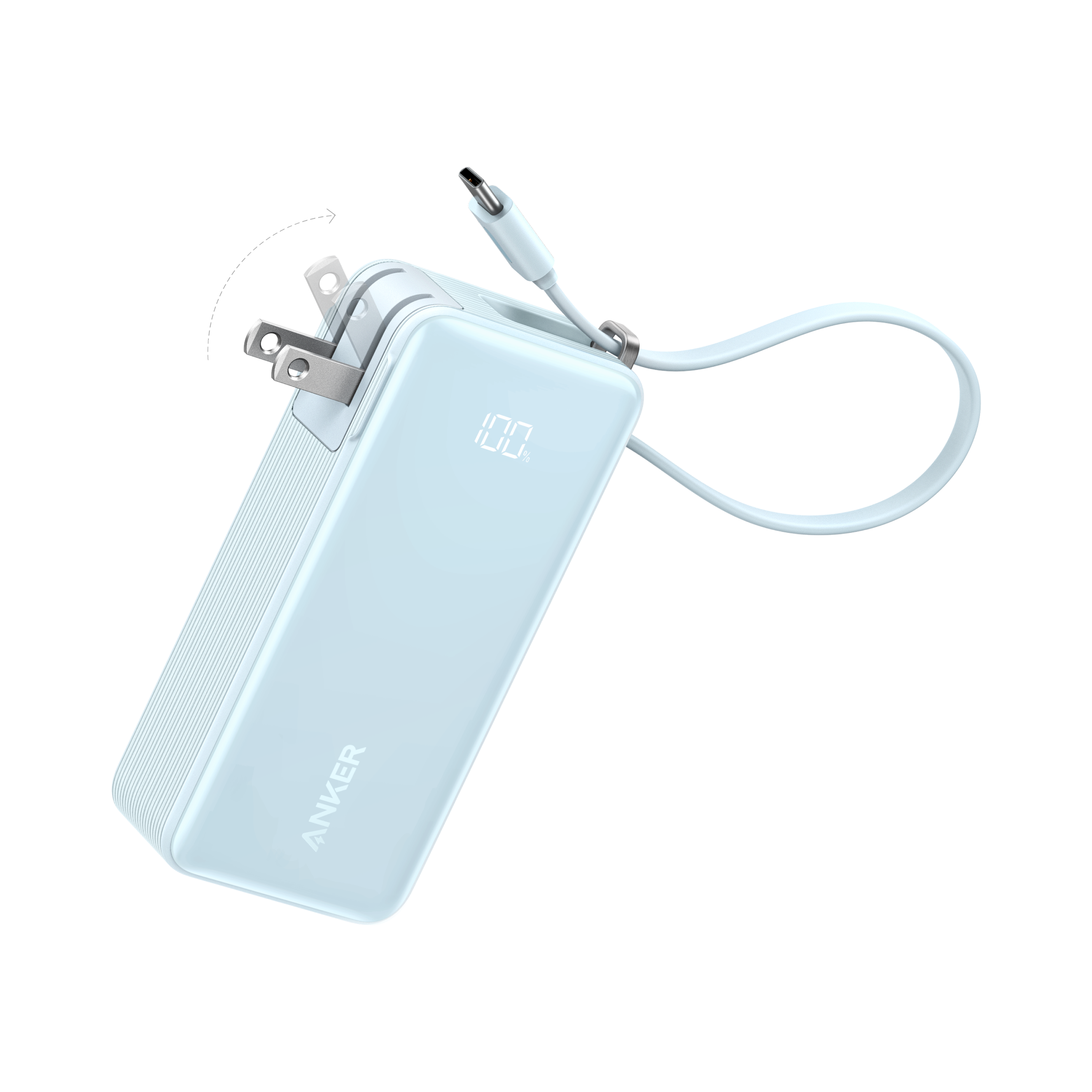 Anker Power Bank (10K, Fusion, Built-In Cable) T7 Built-In USB-C Cable / Ice Lake Blue