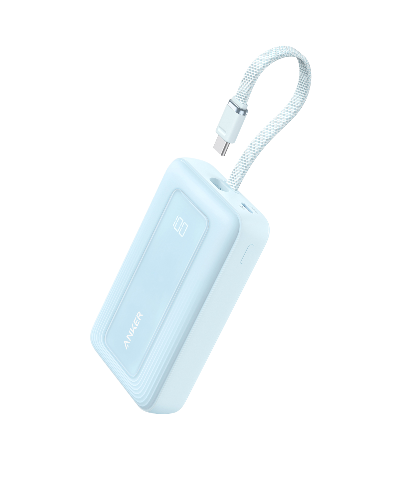 Anker Zolo Power Bank (10K, 30W) with a 5.4-inch (13.7 cm) built-in USB-C cable. B2 Misty Blue