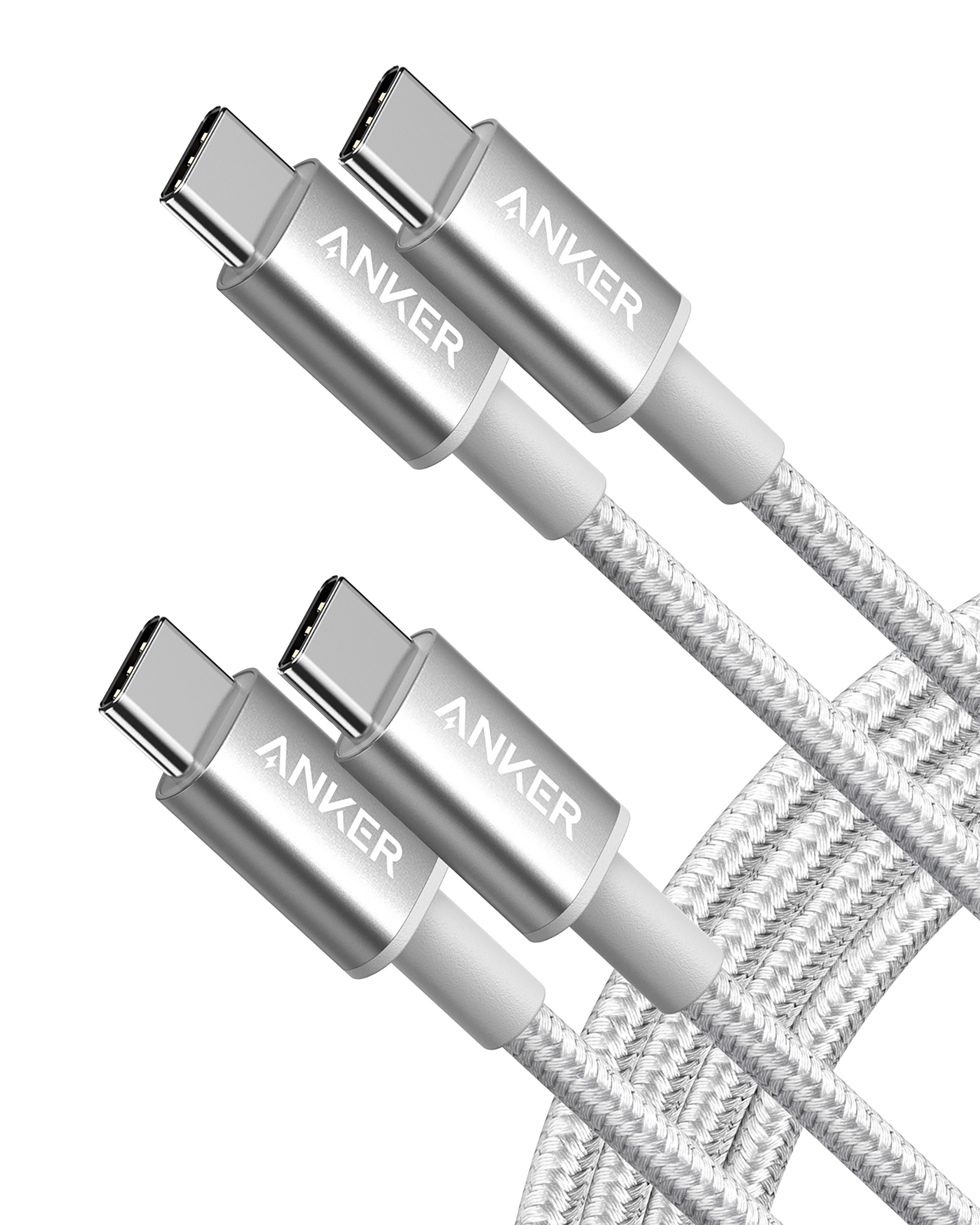 2-Pack Anker New Nylon USB-C to USB-C Cable (3 ft / 6 ft, 60W) B8 Silver / 6ft