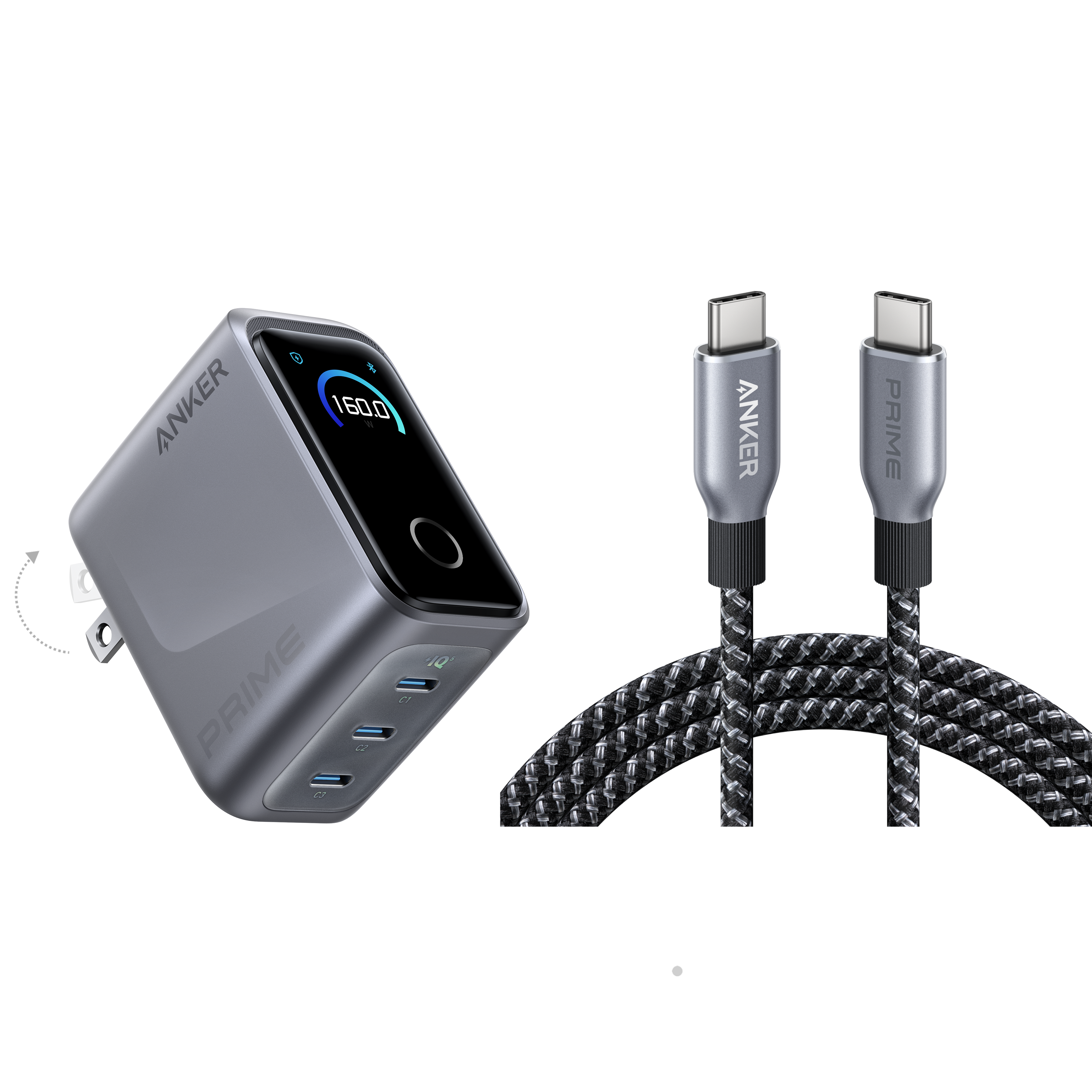 Anker Prime Charger (160W, 3 Ports, Smart Display) with Anker Prime USB-C to USB-C Cable (240W, Upcycled-Braided) Y5 Charger with 6 ft Cable
