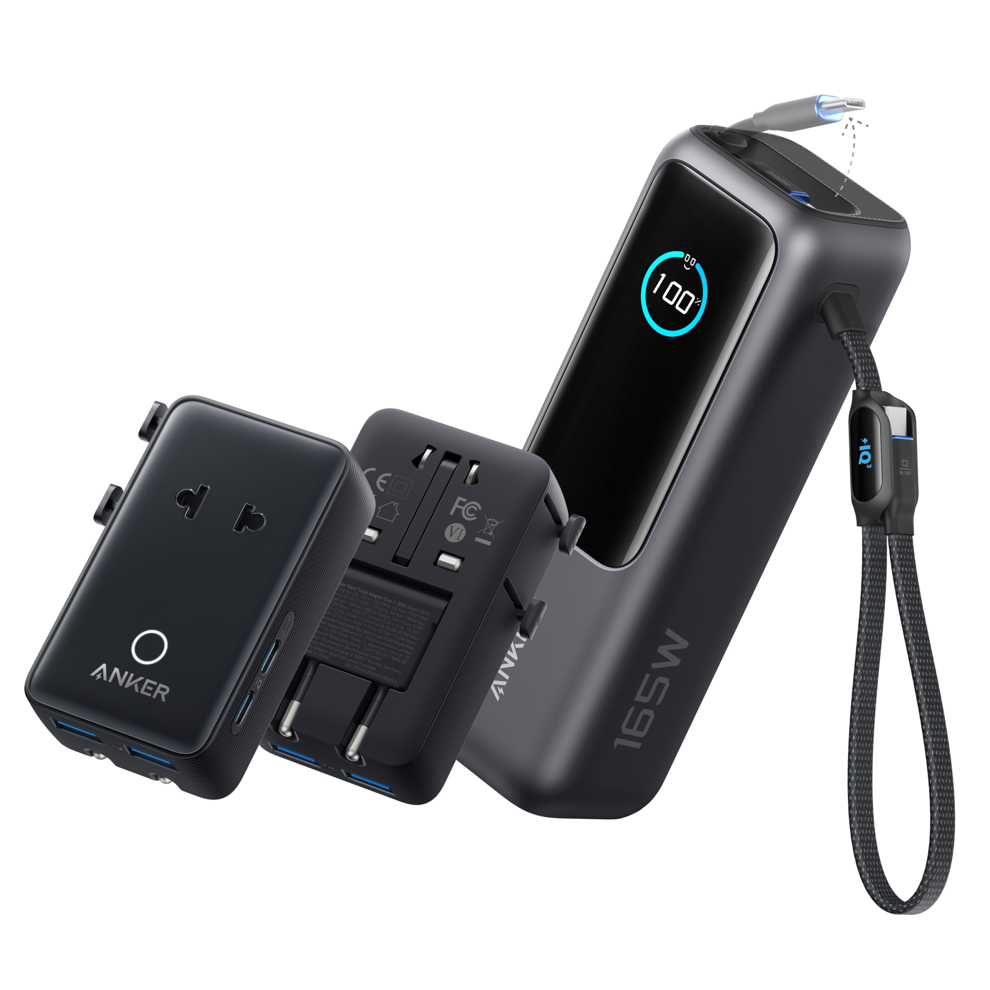 Anker Laptop Power Bank (25K, 165W, Built-In and Retractable Cables) R1 Space Black / Power Bank + Travel Adapter
