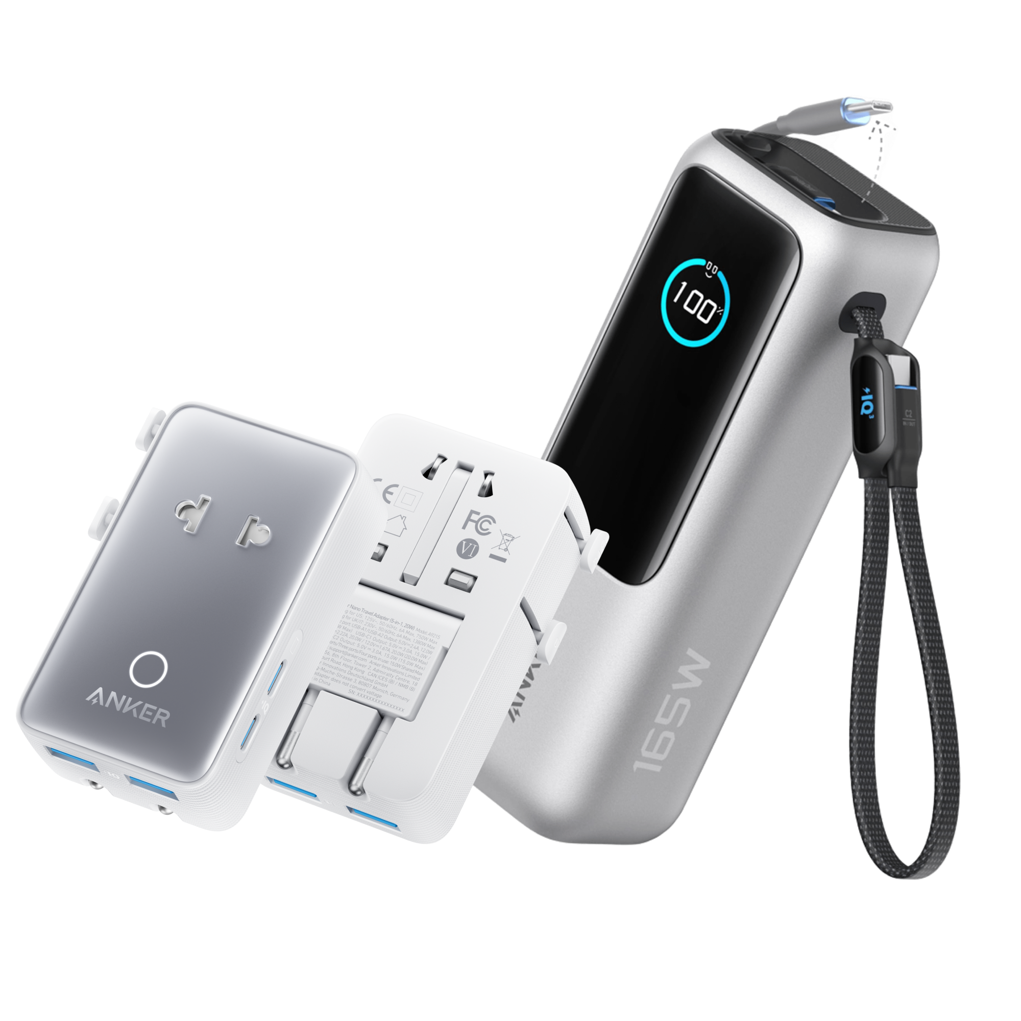 Anker Laptop Power Bank (25K, 165W, Built-In and Retractable Cables) R1 Silver / Power Bank + Travel Adapter