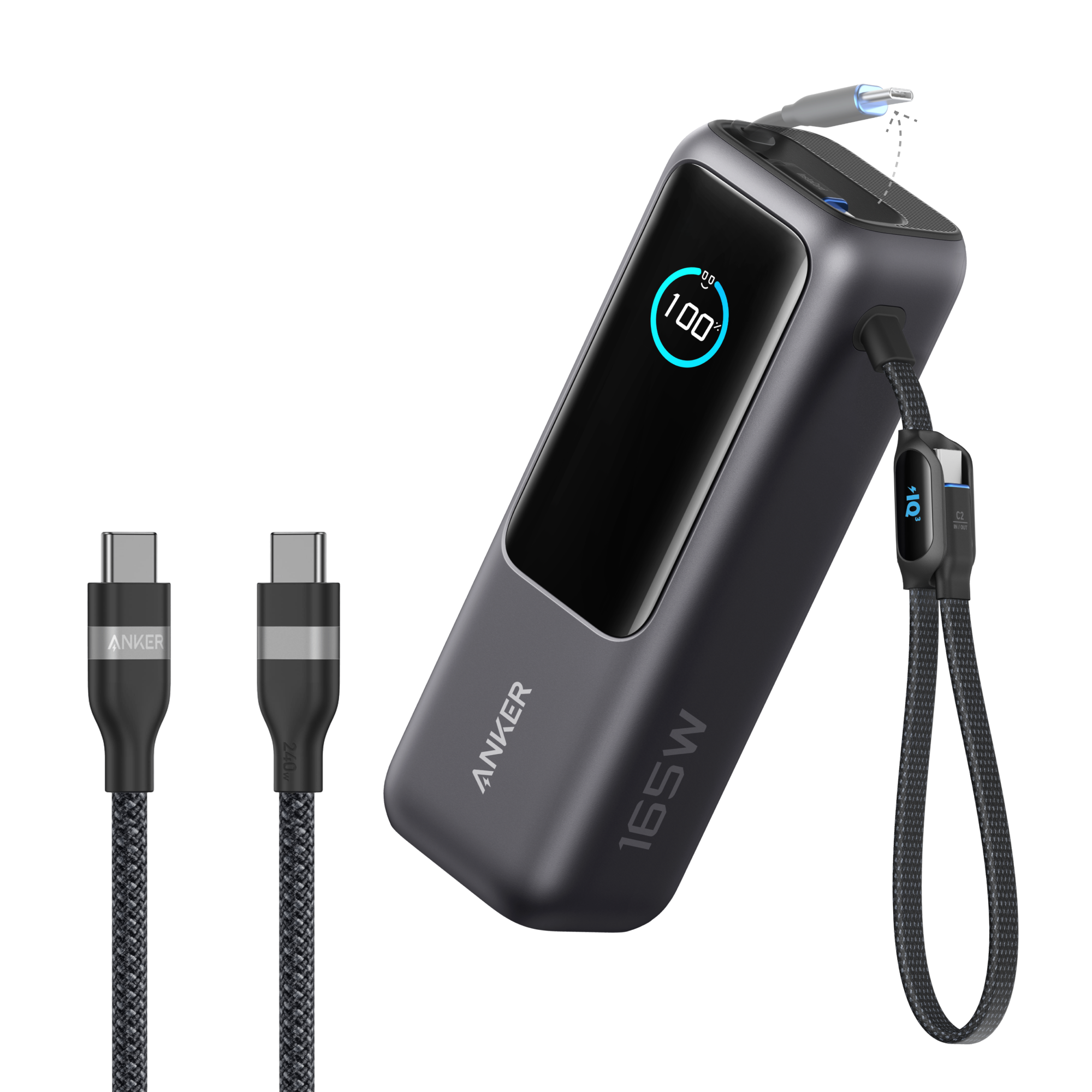 Anker Laptop Power Bank (25K, 165W, Built-In and Retractable Cables) and Anker USB-C to USB-C Cable (6 ft, 240W, Upcycled-Braided)
