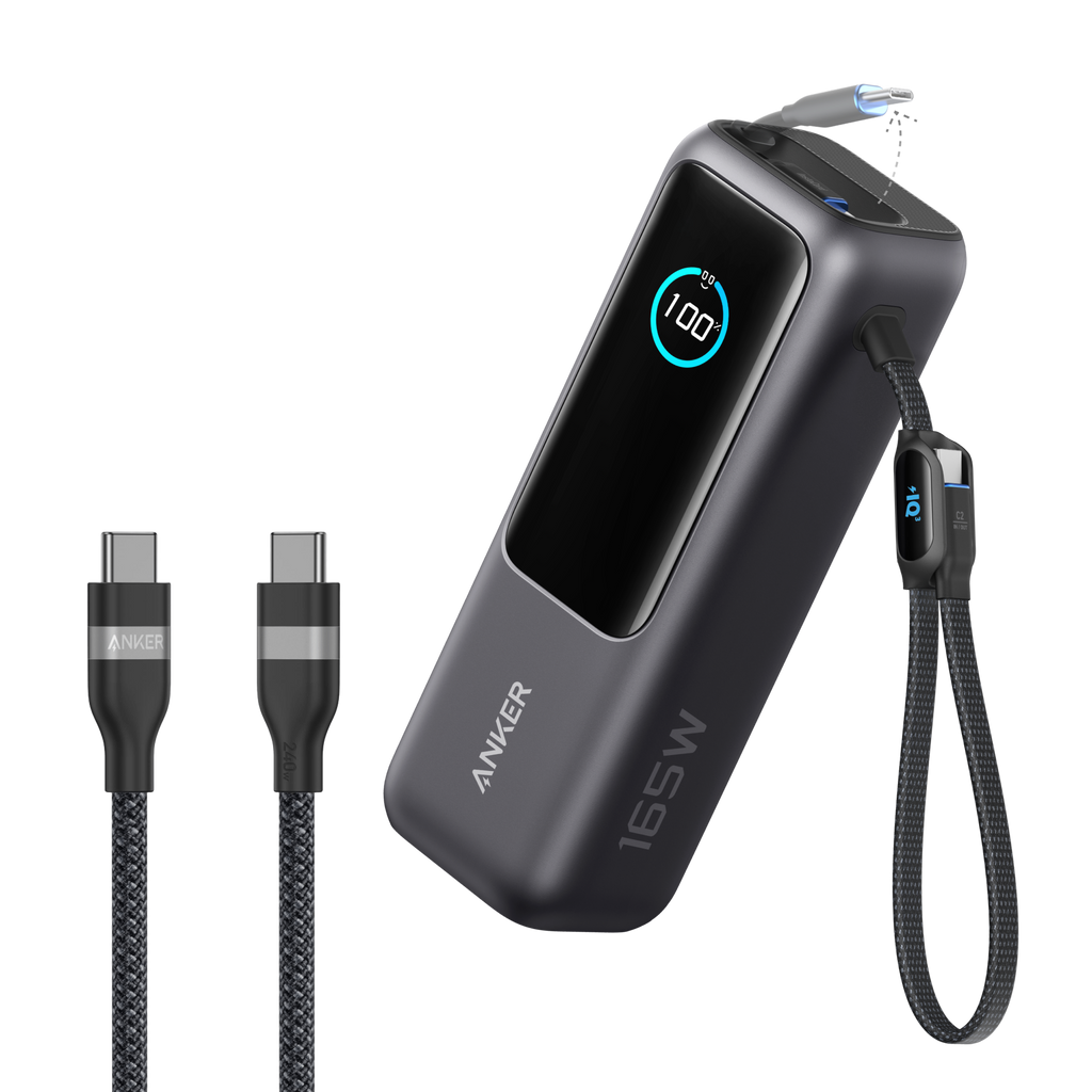 Anker Laptop Power Bank (25K, 165W, Built-In and Retractable Cables) and Anker USB-C to USB-C Cable (6 ft, 240W, Upcycled-Braided) A5 Black / Power Bank + 3ft Cable
