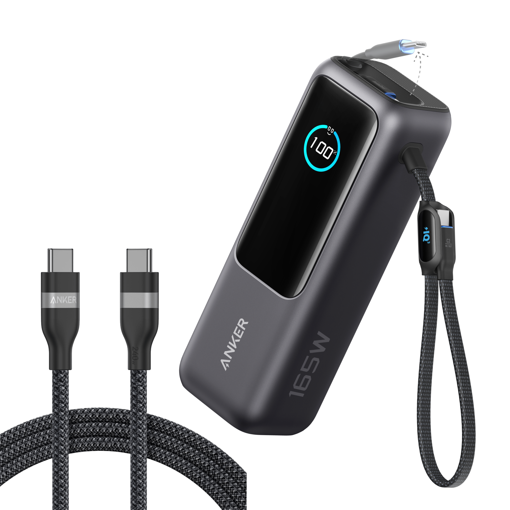 Anker Laptop Power Bank (25K, 165W, Built-In and Retractable Cables) and Anker USB-C to USB-C Cable (6 ft, 240W, Upcycled-Braided) A5 Black / Power Bank + 6ft Cable