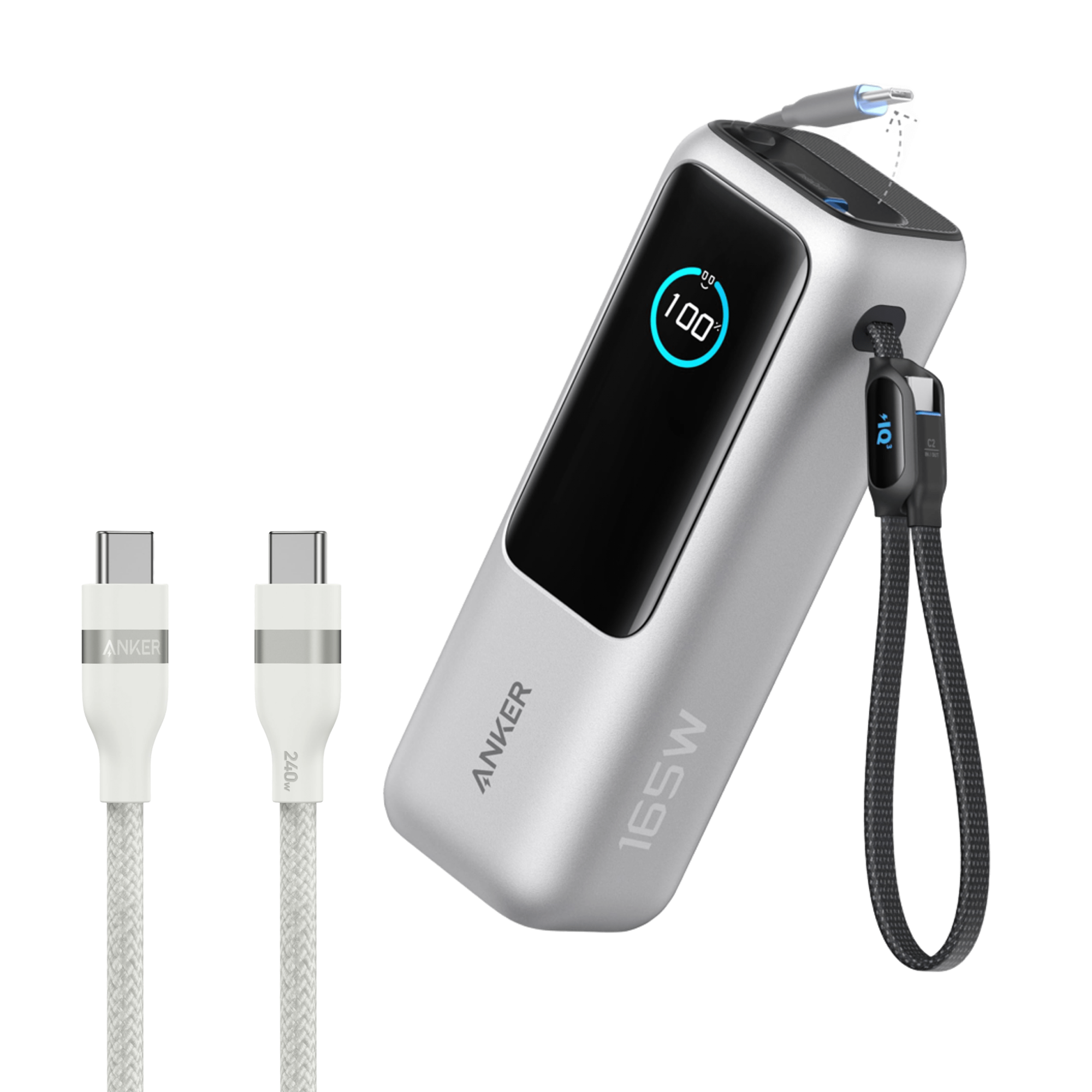 Anker Laptop Power Bank (25K, 165W, Built-In and Retractable Cables) R1 Silver / Power Bank + 3ft Cable