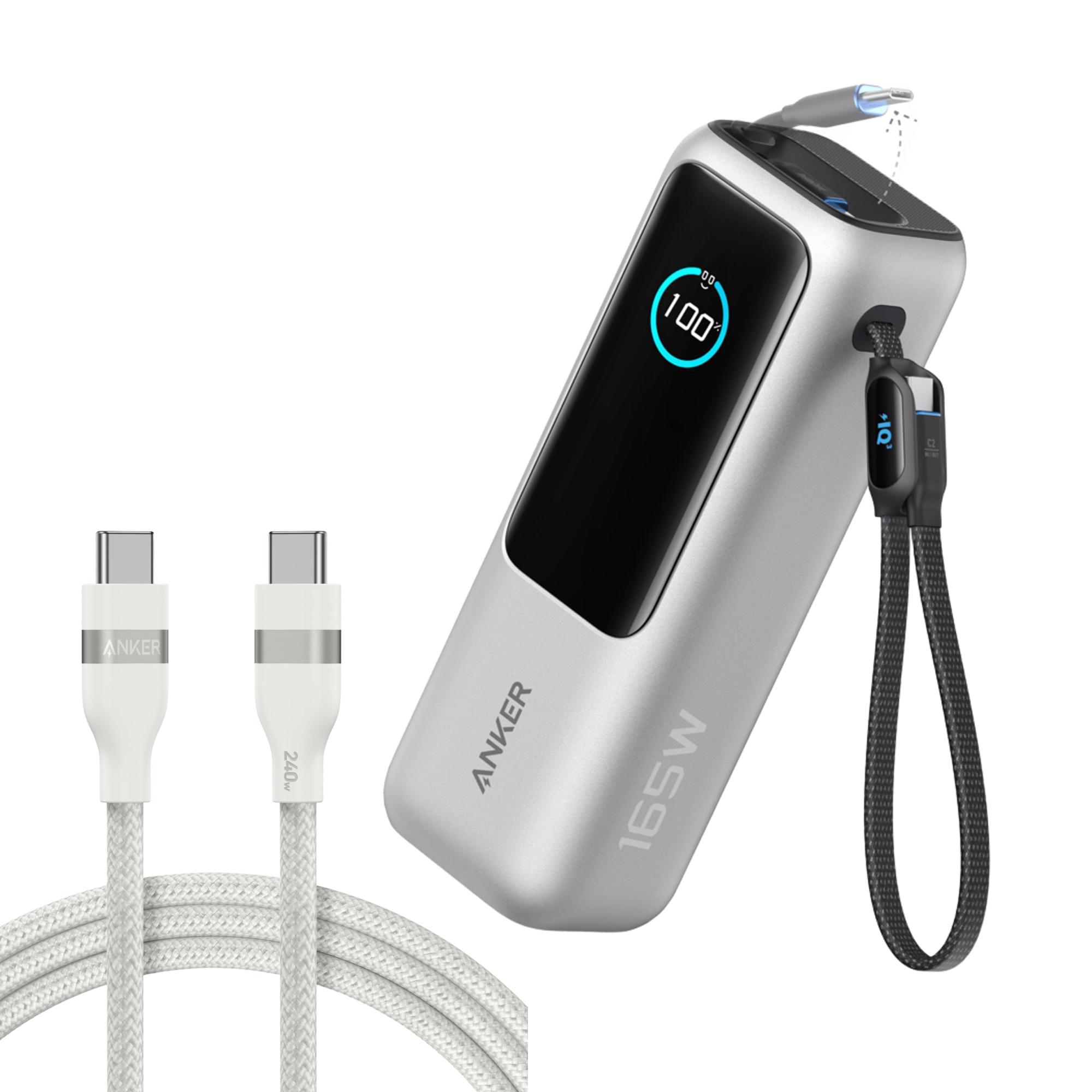Anker Laptop Power Bank (25K, 165W, Built-In and Retractable Cables) R1 Silver / Power Bank + 6ft Cable