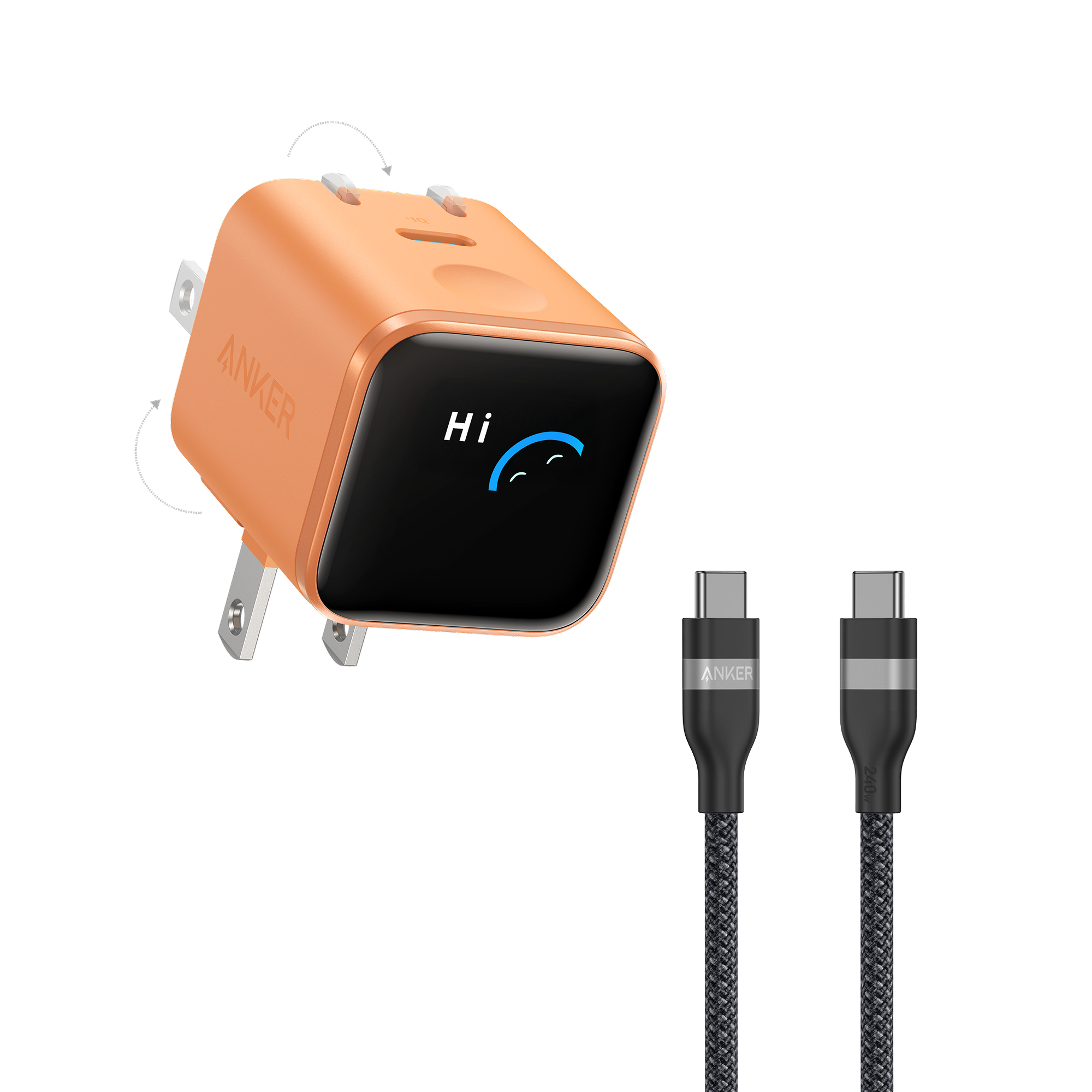 Anker Nano Charger (45W, Smart Display, 180° Foldable) and USB-C to USB-C Cable O9 3 ft / Orange