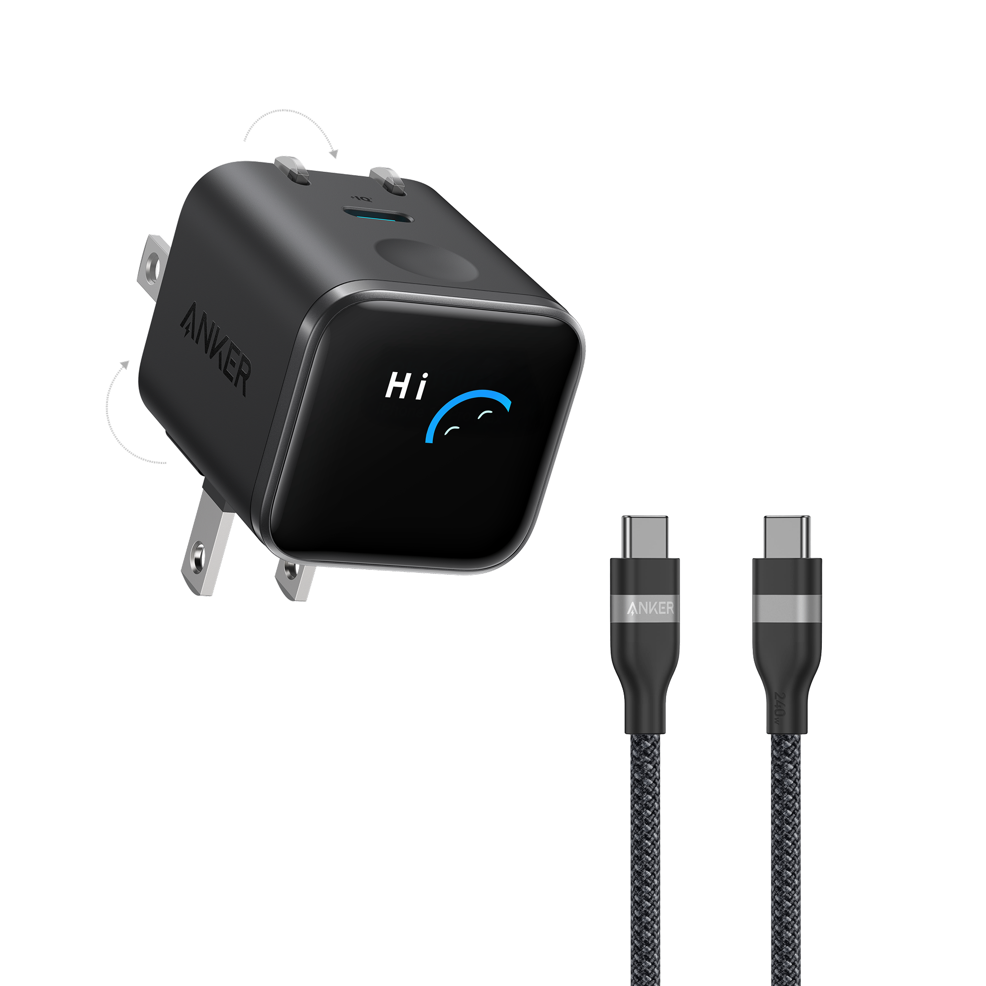 Anker Nano Charger (45W, Smart Display, 180° Foldable) E7 Black + 3 ft Cable | 1-Pack Each