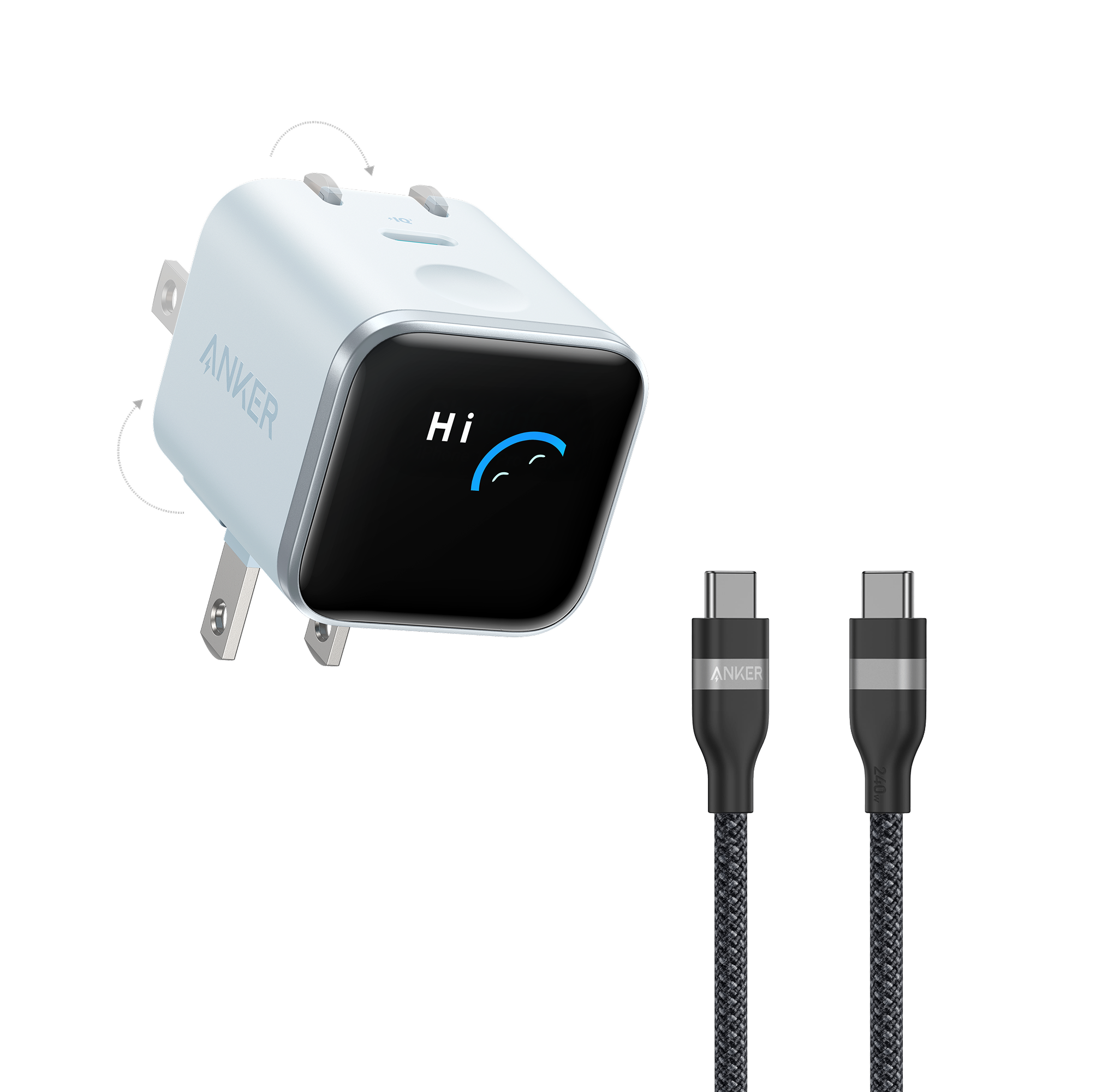 Anker Nano Charger (45W, Smart Display, 180° Foldable) E7 Blue + 3 ft Cable | 1-Pack Each