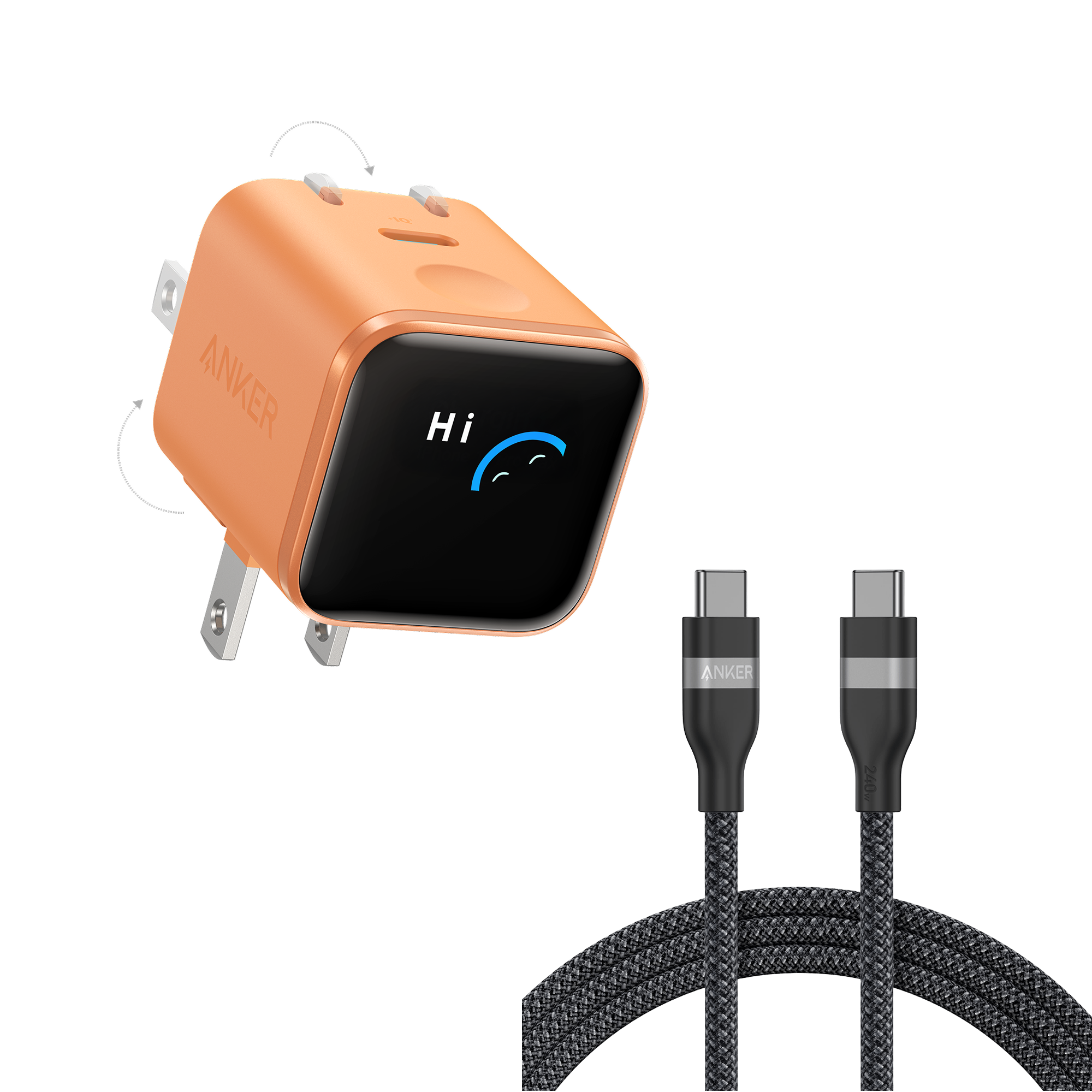 Anker Nano Charger (45W, Smart Display, 180° Foldable) and USB-C to USB-C Cable O9 6 ft / Orange