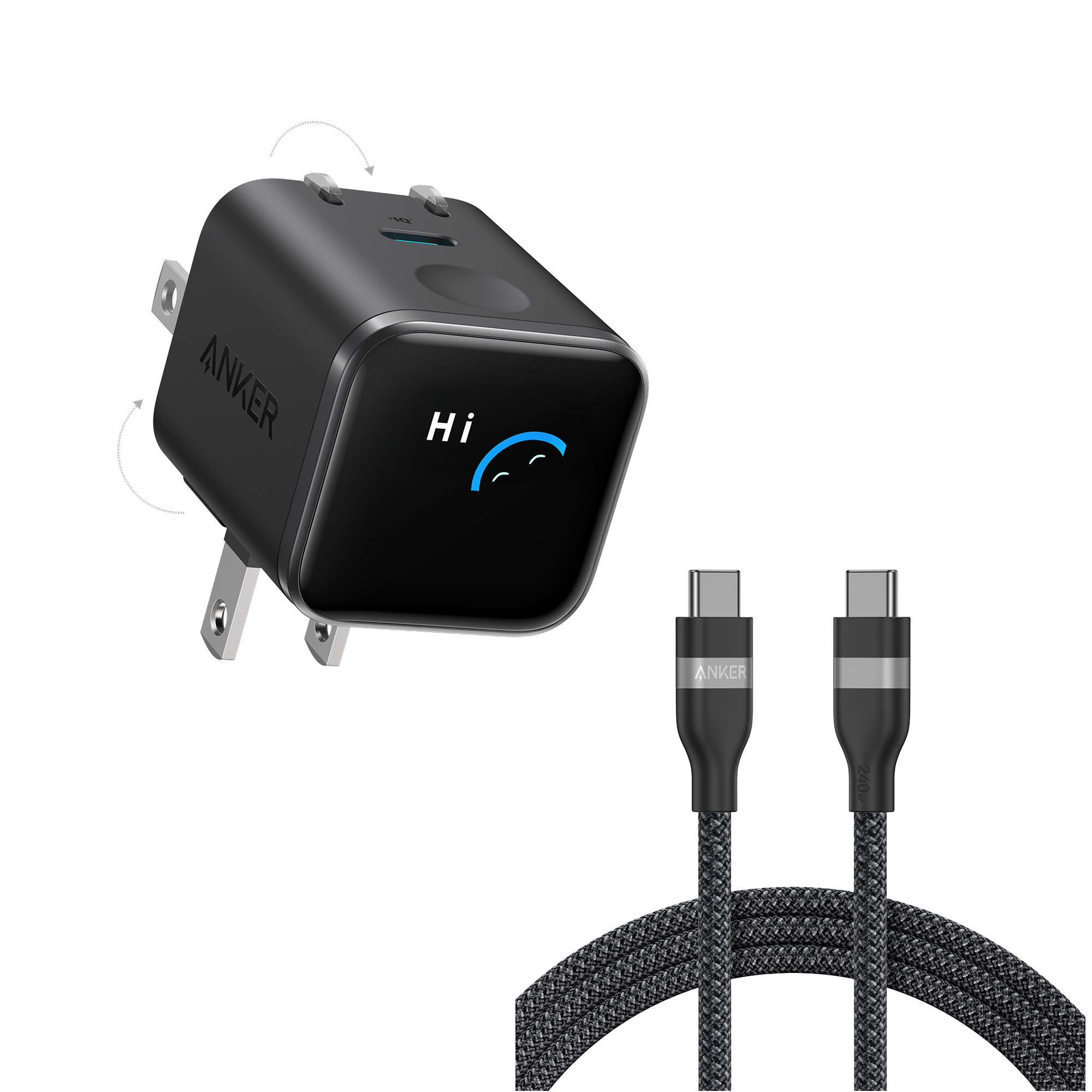 Anker Nano Charger (45W, Smart Display, 180° Foldable) E7 Black + 6 ft Cable | 1-Pack Each