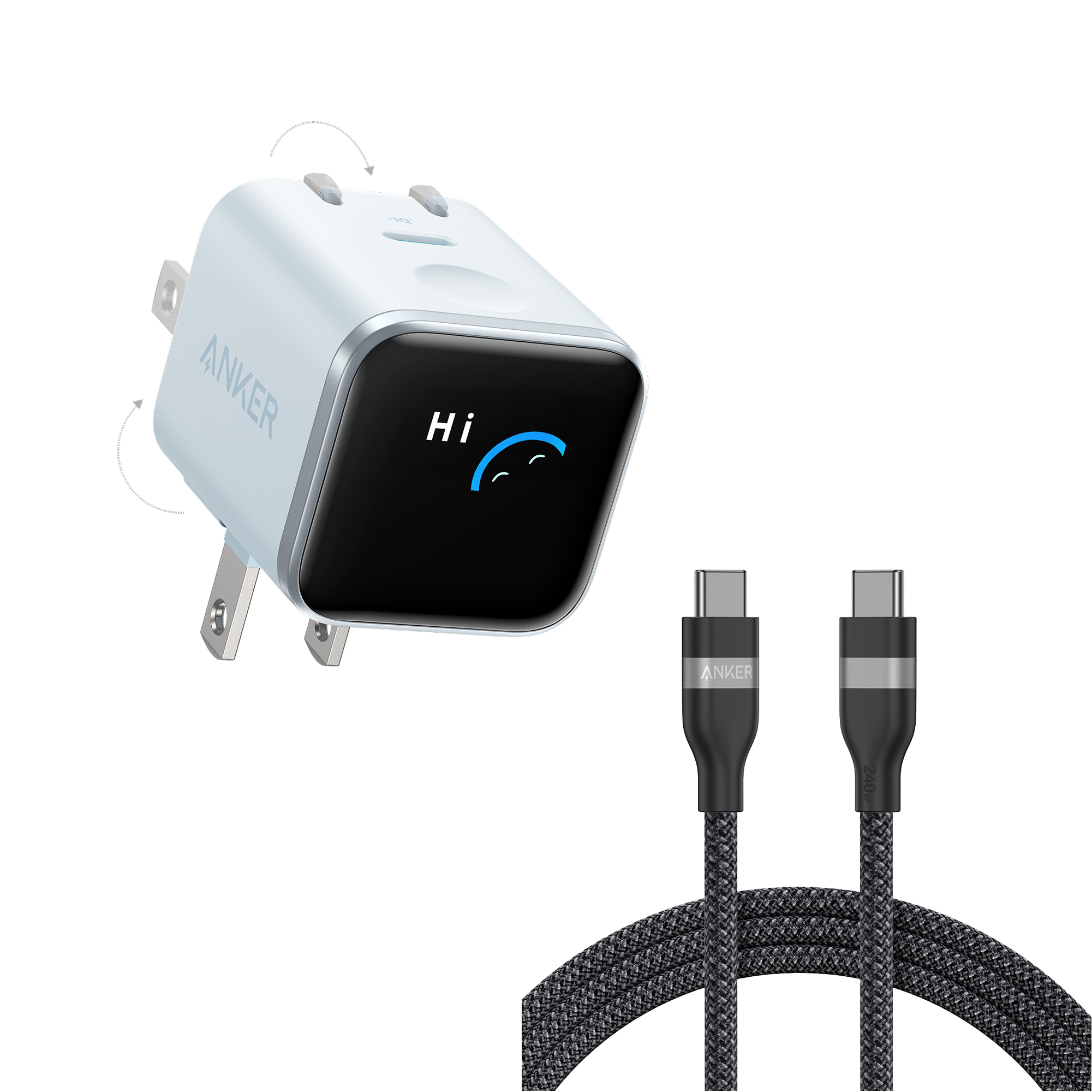 Anker Nano Charger (45W, Smart Display, 180° Foldable) and USB-C to USB-C Cable O9 6 ft / Misty Blue