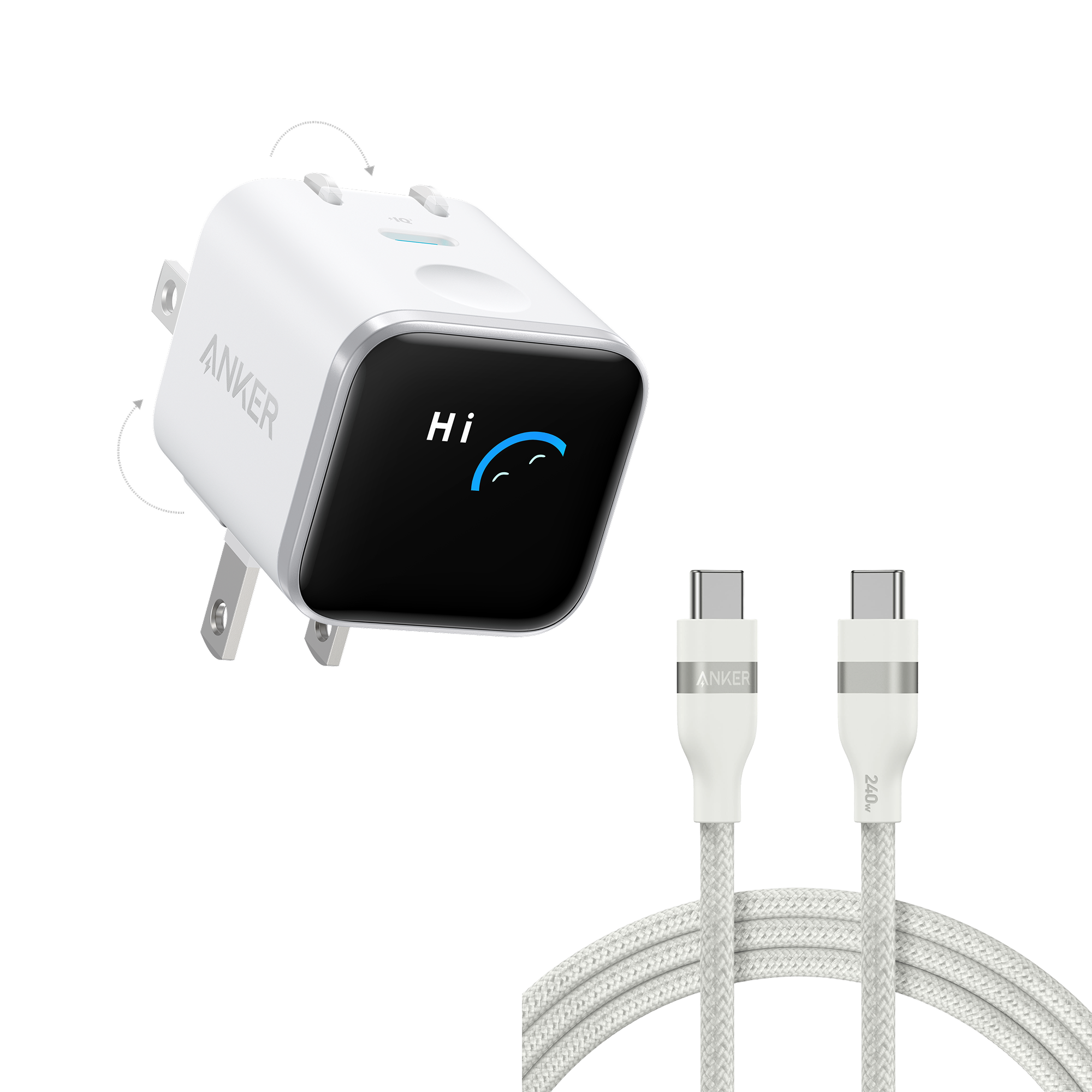 Anker Nano Charger (45W, Smart Display, 180° Foldable) and USB-C to USB-C Cable O9 6 ft / Aurora White