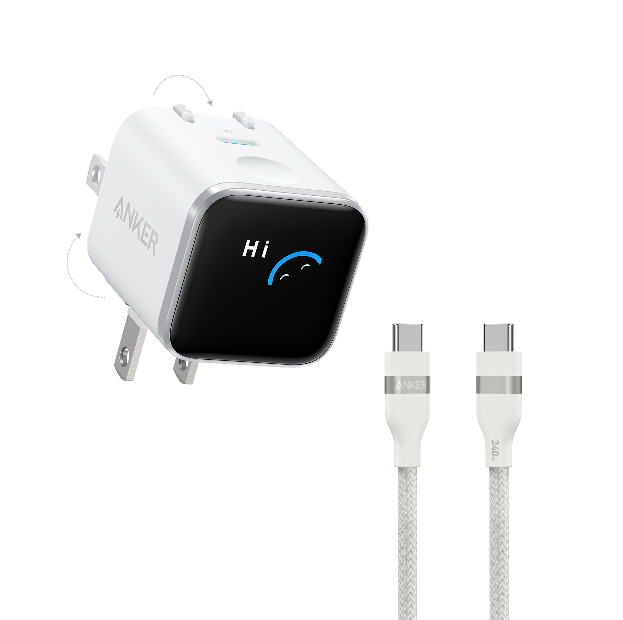 Anker Nano Charger (45W, Smart Display, 180° Foldable) E7 White + 3 ft Cable | 1-Pack Each