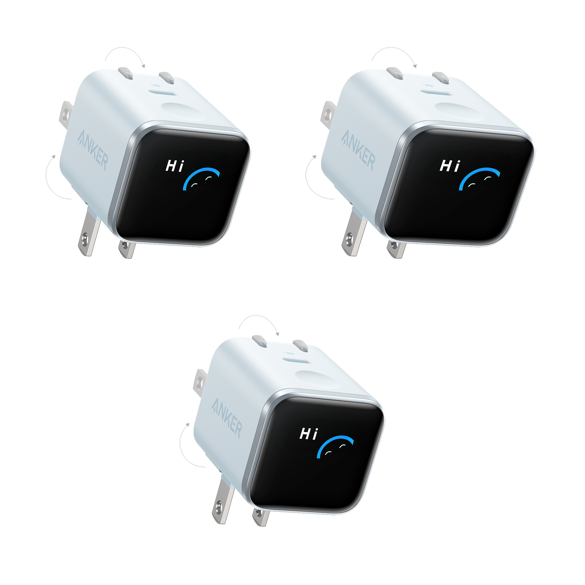 Anker Nano Charger (45W, Smart Display, 180° Foldable, 3-Pack) J0 Misty Blue
