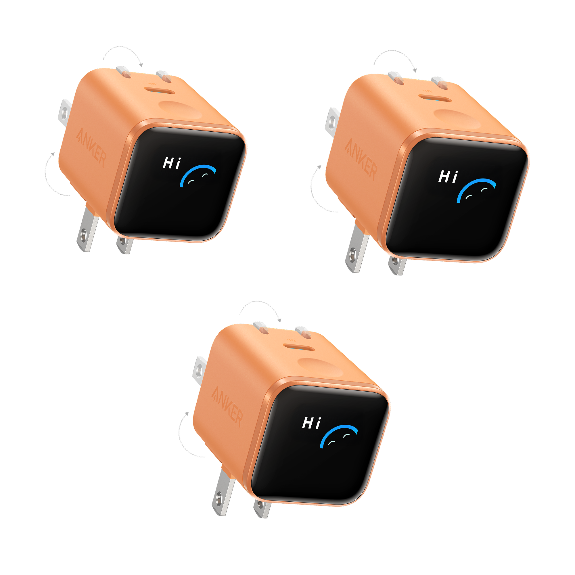 Anker Nano Charger (45W, Smart Display, 180° Foldable, 3-Pack) J0 Orange