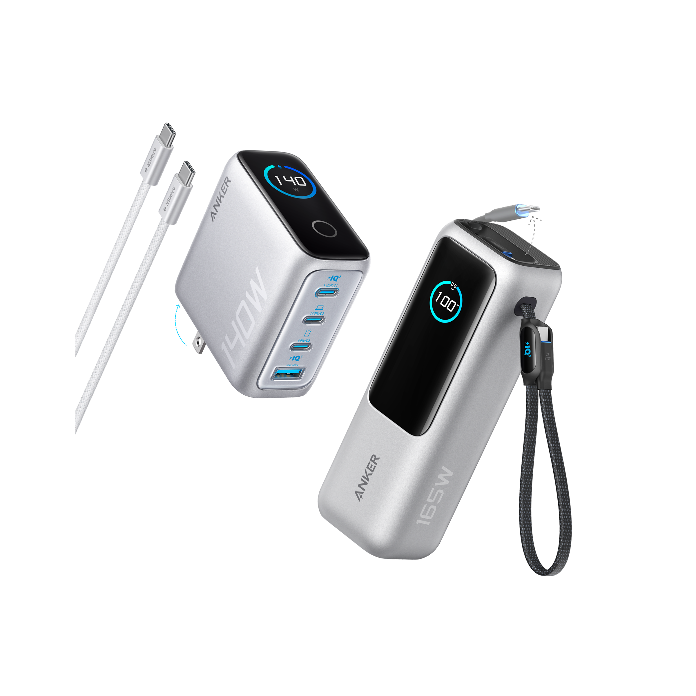 Anker Laptop Power Bank (25K, 165W, Built-In and Retractable Cables) R1 Silver / Power Bank + Charger